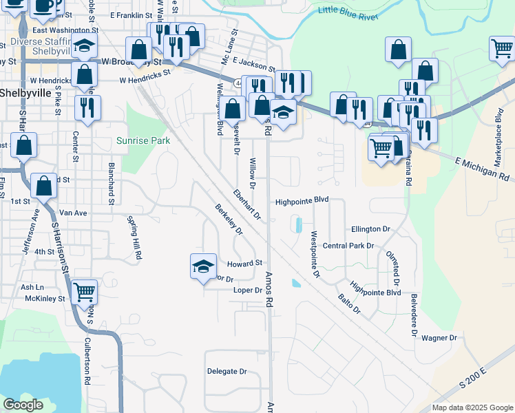 map of restaurants, bars, coffee shops, grocery stores, and more near 614 Willow Drive in Shelbyville