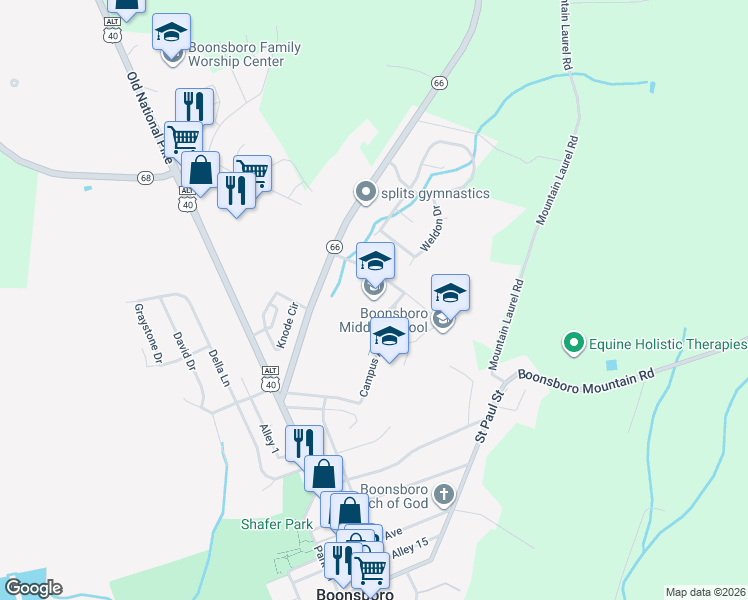 map of restaurants, bars, coffee shops, grocery stores, and more near 10 Campus Avenue in Boonsboro