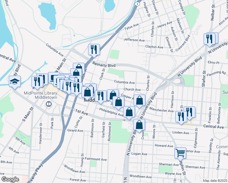 map of restaurants, bars, coffee shops, grocery stores, and more near 108 Iglehart Street in Middletown