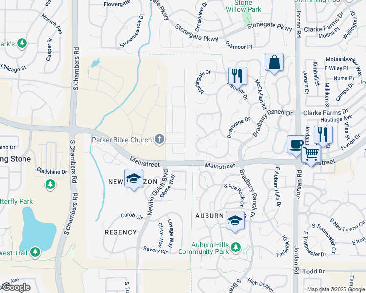 map of restaurants, bars, coffee shops, grocery stores, and more near 16020 Filly Avenue in Parker