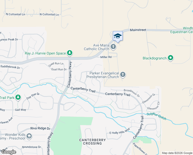map of restaurants, bars, coffee shops, grocery stores, and more near 11036 Callaway Road in Parker