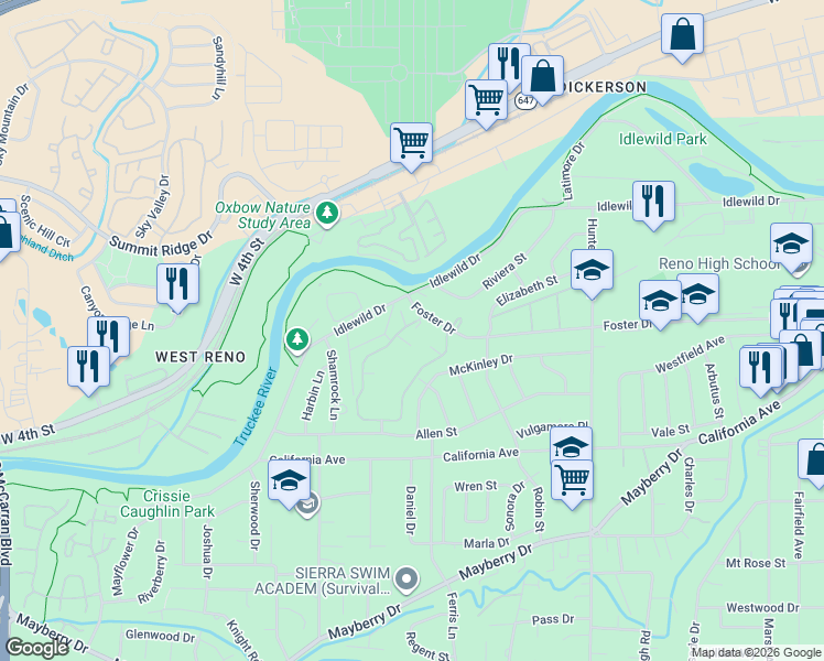map of restaurants, bars, coffee shops, grocery stores, and more near 370 West Riverview Circle in Reno