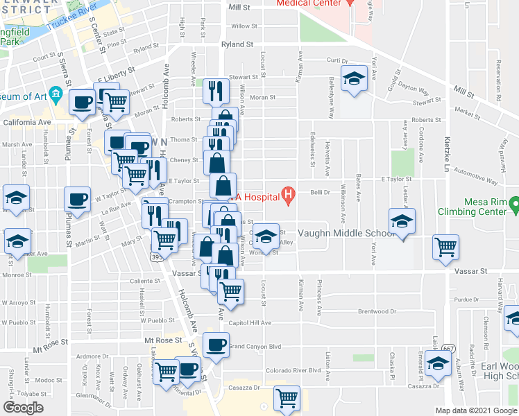 map of restaurants, bars, coffee shops, grocery stores, and more near 540 Crampton Street in Reno