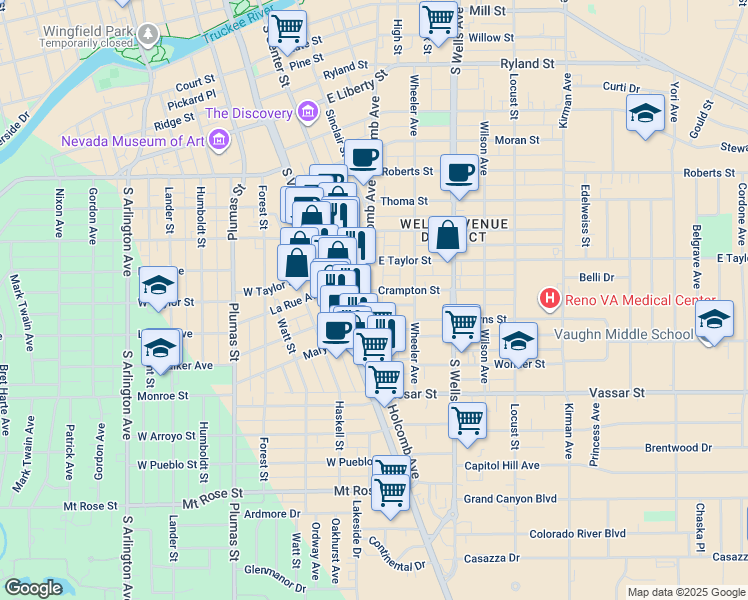 map of restaurants, bars, coffee shops, grocery stores, and more near 1010 Holcomb Avenue in Reno