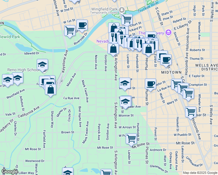 map of restaurants, bars, coffee shops, grocery stores, and more near 836 Gordon Avenue in Reno