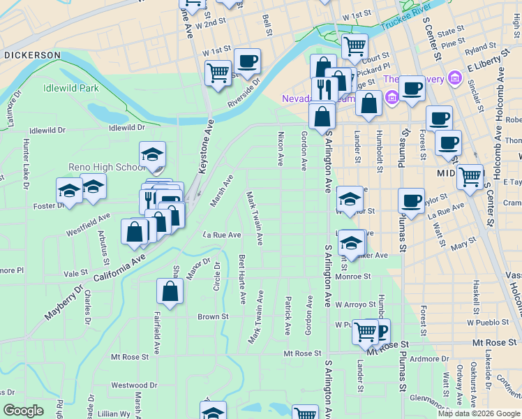 map of restaurants, bars, coffee shops, grocery stores, and more near 124 Mark Twain Avenue in Reno