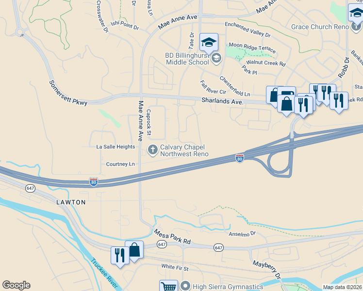 map of restaurants, bars, coffee shops, grocery stores, and more near 6850 Sharlands Avenue in Reno