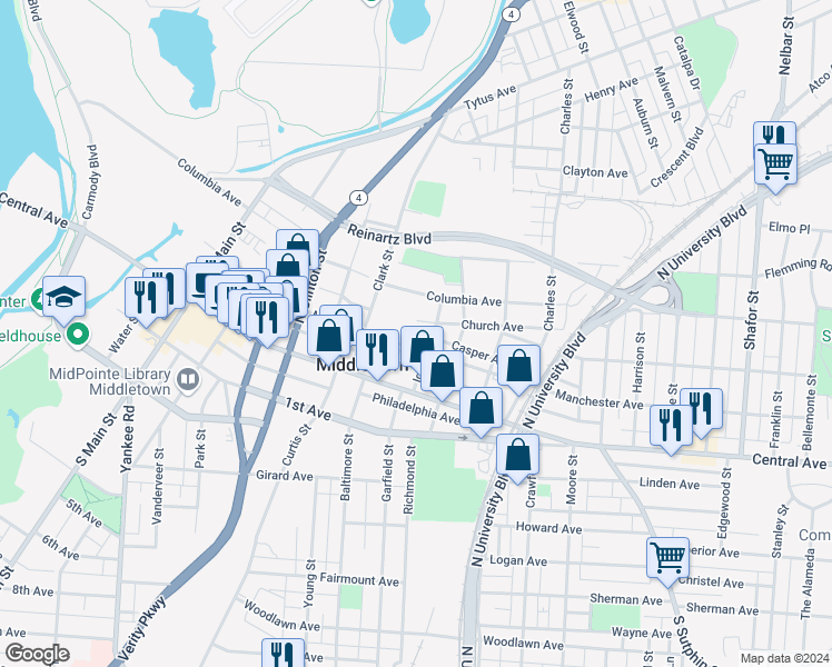 map of restaurants, bars, coffee shops, grocery stores, and more near 108 Iglehart Street in Middletown