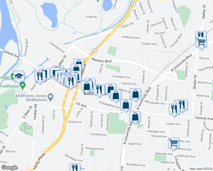 map of restaurants, bars, coffee shops, grocery stores, and more near 108 Iglehart Street in Middletown