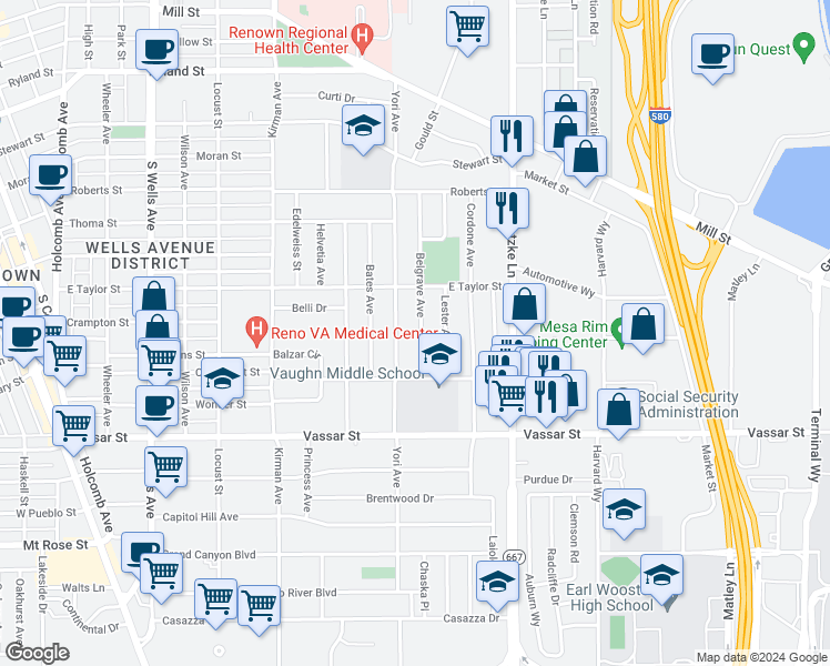 map of restaurants, bars, coffee shops, grocery stores, and more near 945 Belgrave Avenue in Reno