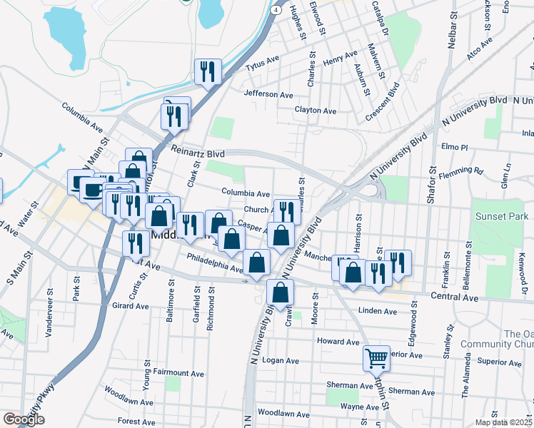 map of restaurants, bars, coffee shops, grocery stores, and more near 126 North Grimes Street in Middletown