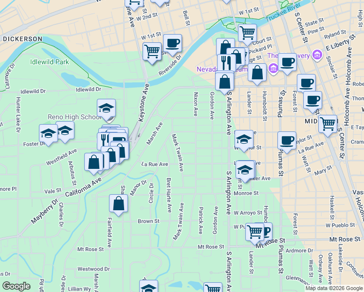 map of restaurants, bars, coffee shops, grocery stores, and more near 124 Mark Twain Avenue in Reno