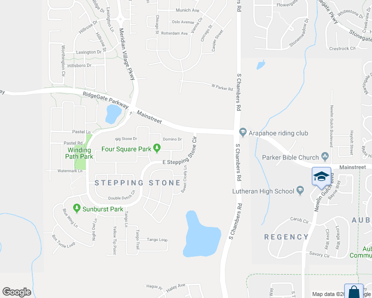 map of restaurants, bars, coffee shops, grocery stores, and more near 14702 Domino Drive in Parker