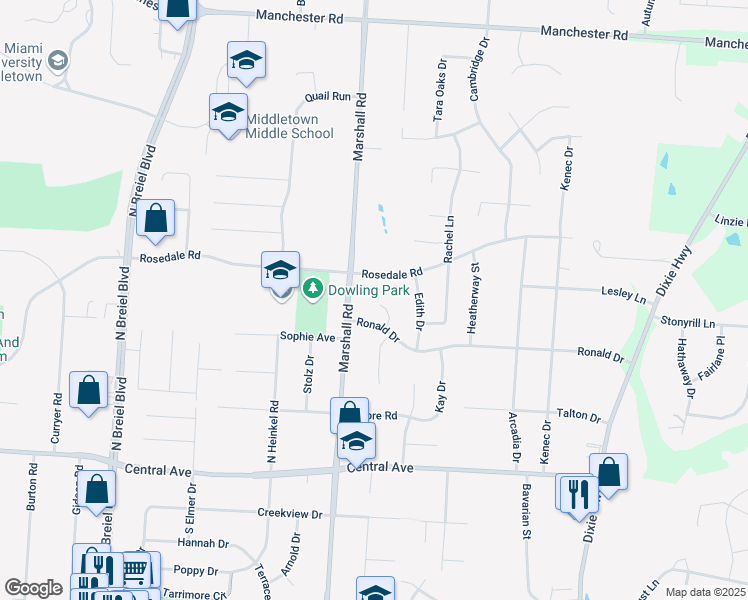 map of restaurants, bars, coffee shops, grocery stores, and more near 214 Leland Court in Middletown