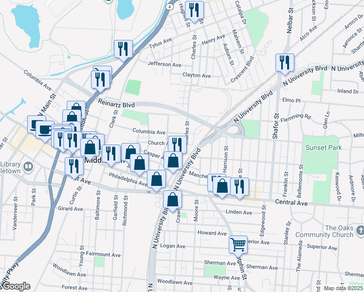 map of restaurants, bars, coffee shops, grocery stores, and more near 208 Charles Street in Middletown