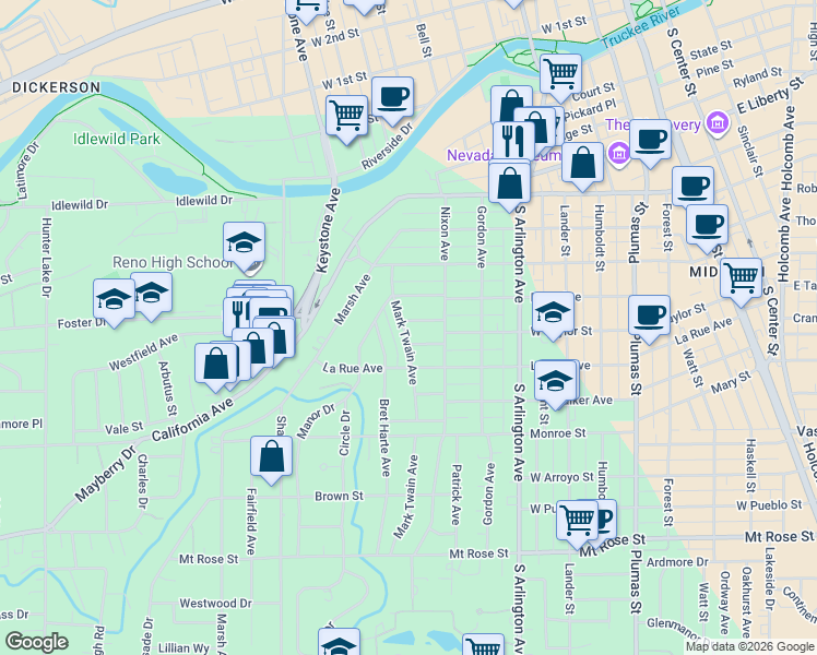map of restaurants, bars, coffee shops, grocery stores, and more near 124 Mark Twain Avenue in Reno
