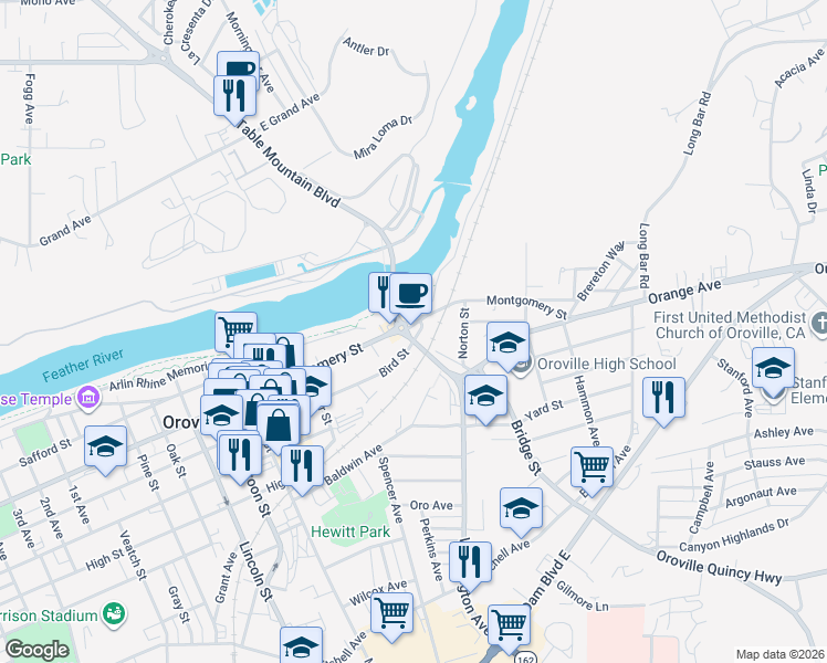 map of restaurants, bars, coffee shops, grocery stores, and more near 1355 Washington Avenue in Oroville