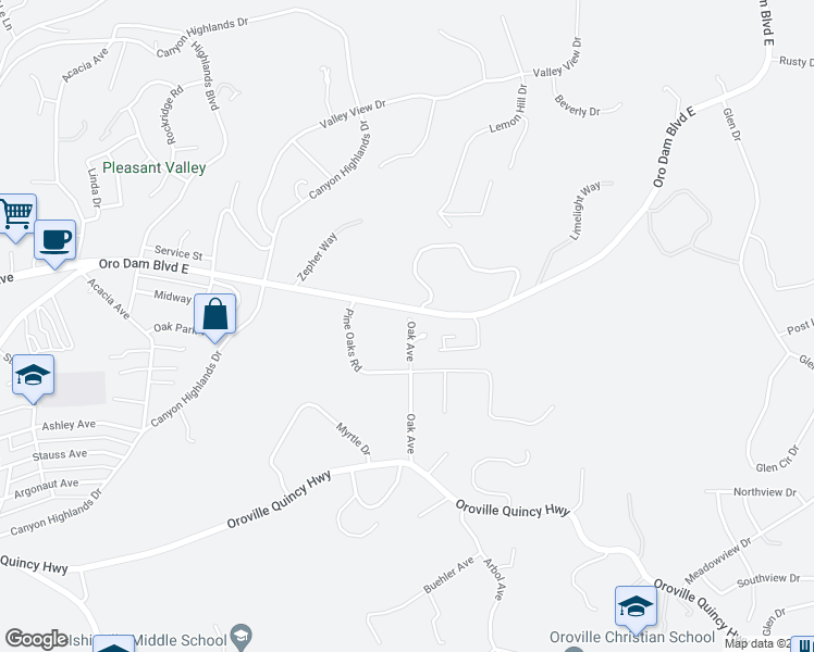 map of restaurants, bars, coffee shops, grocery stores, and more near 1 Oak Avenue in Oroville