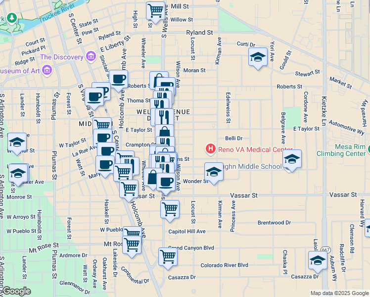 map of restaurants, bars, coffee shops, grocery stores, and more near 512 Crampton Street in Reno