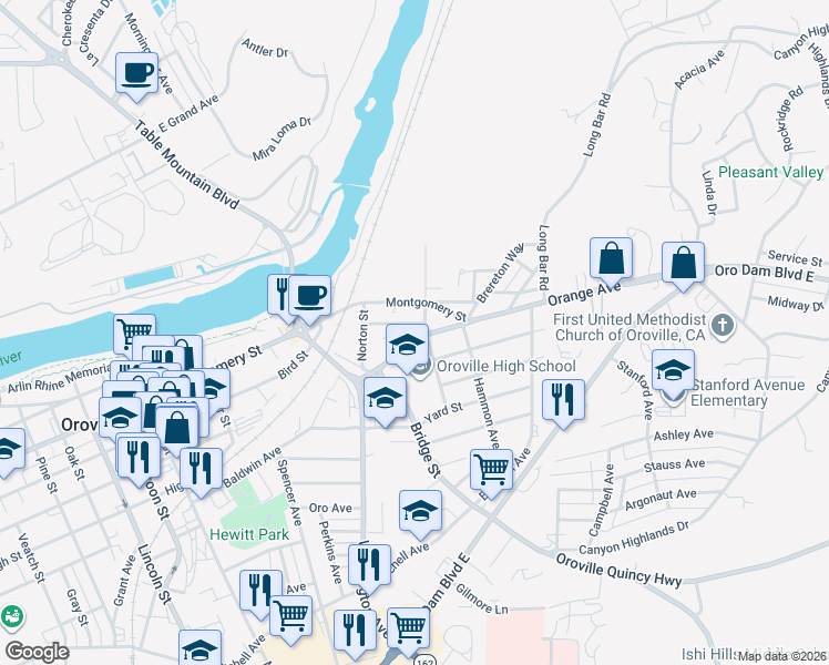 map of restaurants, bars, coffee shops, grocery stores, and more near 2870 Orange Avenue in Oroville