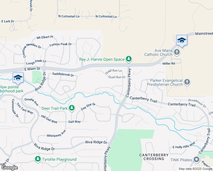 map of restaurants, bars, coffee shops, grocery stores, and more near 22323 Quail Run Way in Parker