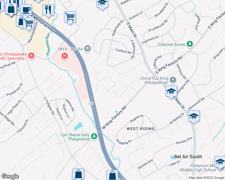 map of restaurants, bars, coffee shops, grocery stores, and more near 30 Huntington Place in Bel Air