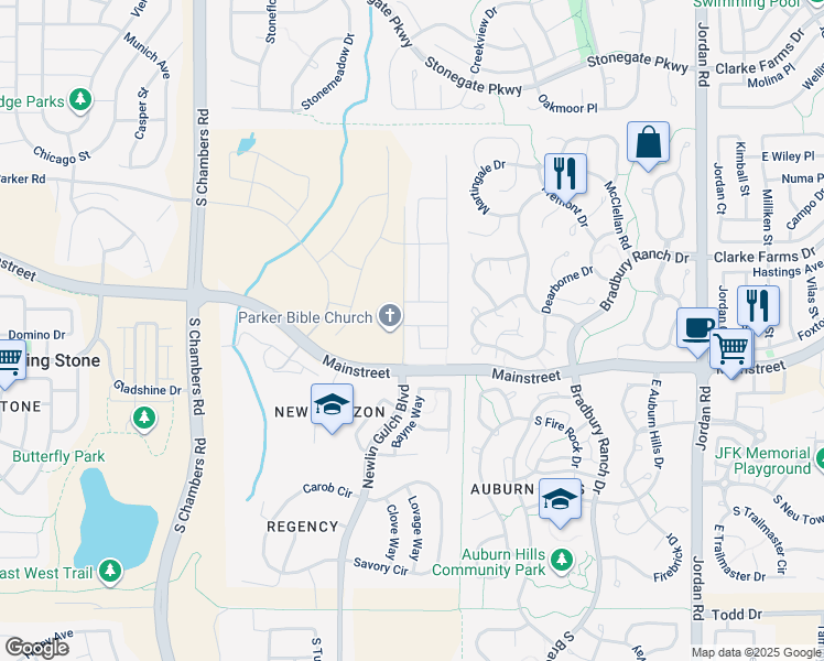 map of restaurants, bars, coffee shops, grocery stores, and more near 15908 Hayloft Lane in Parker