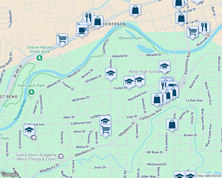 map of restaurants, bars, coffee shops, grocery stores, and more near Hunter Lake Drive & Foster Drive in Reno