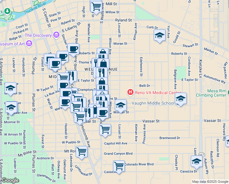 map of restaurants, bars, coffee shops, grocery stores, and more near 1033 Wilson Avenue in Reno