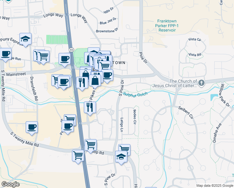 map of restaurants, bars, coffee shops, grocery stores, and more near 11091-11167 South Pine Drive in Parker