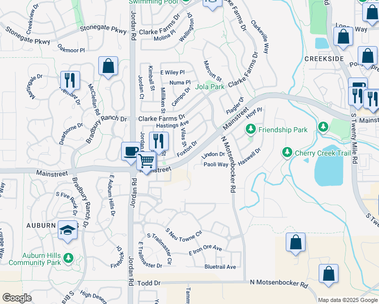map of restaurants, bars, coffee shops, grocery stores, and more near 17048 Foxton Drive in Parker