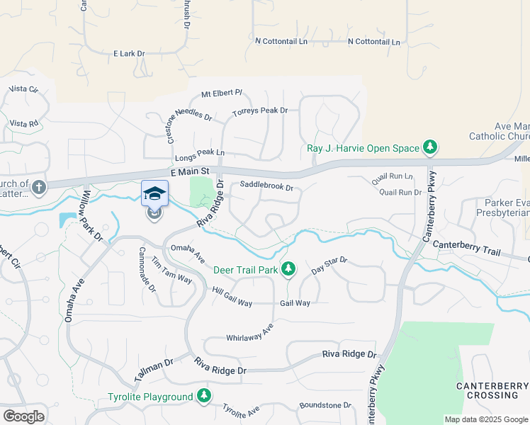 map of restaurants, bars, coffee shops, grocery stores, and more near 21835 Silver Meadow Circle in Parker