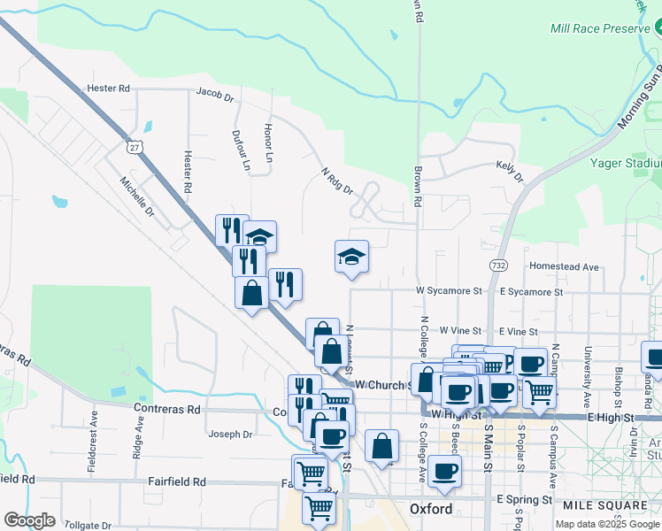 map of restaurants, bars, coffee shops, grocery stores, and more near 400 West Sycamore Street in Oxford