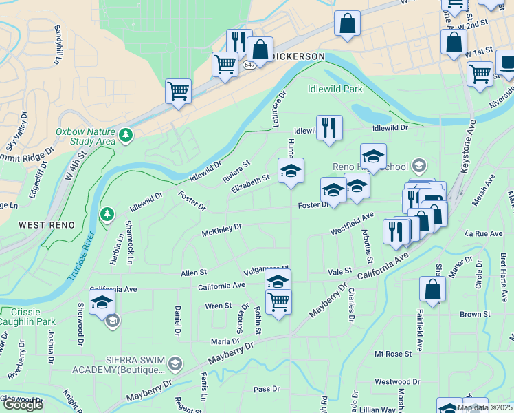 map of restaurants, bars, coffee shops, grocery stores, and more near 1515 Foster Drive in Reno