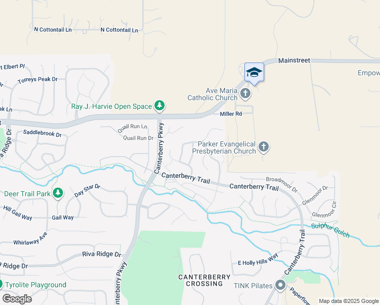 map of restaurants, bars, coffee shops, grocery stores, and more near 11031 Blackwolf Lane in Parker
