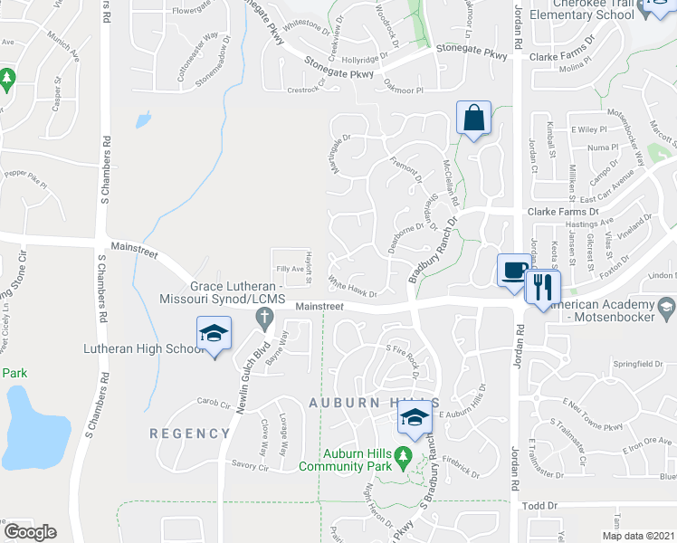 map of restaurants, bars, coffee shops, grocery stores, and more near 16224 White Hawk Drive in Parker