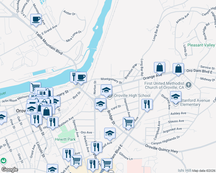 map of restaurants, bars, coffee shops, grocery stores, and more near 2870 Orange Avenue in Oroville