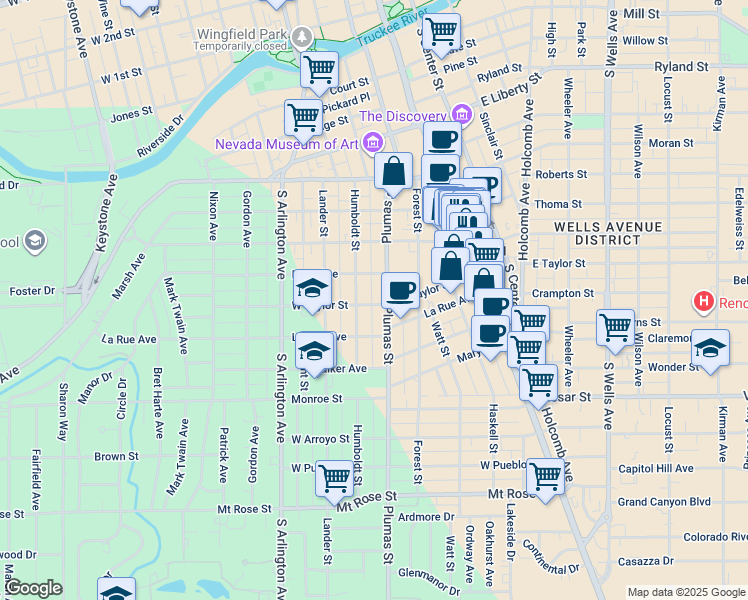 map of restaurants, bars, coffee shops, grocery stores, and more near 912 Plumas Street in Reno