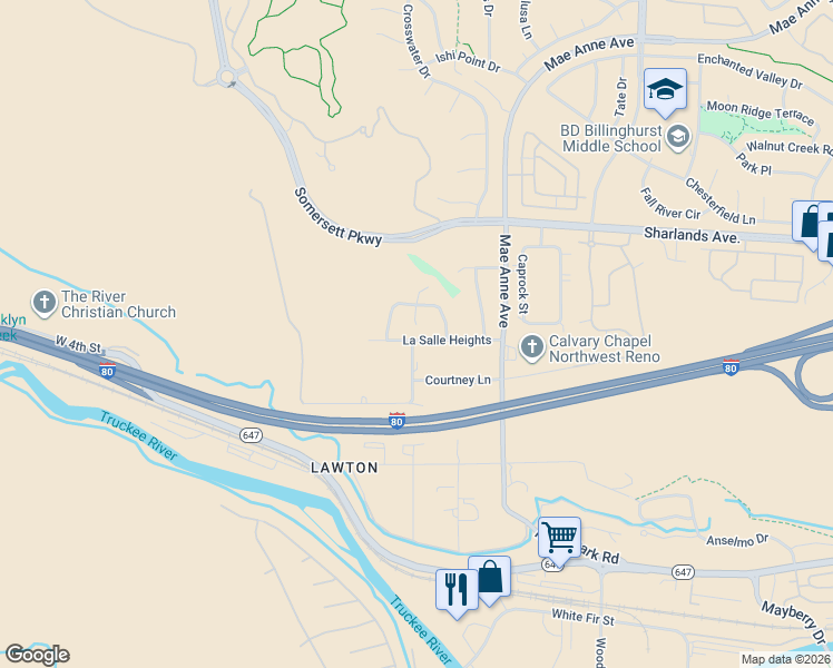 map of restaurants, bars, coffee shops, grocery stores, and more near 315 Renaissance Court in Reno