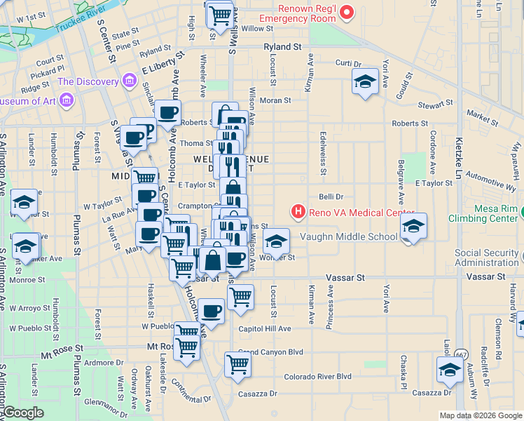 map of restaurants, bars, coffee shops, grocery stores, and more near 512 Crampton Street in Reno