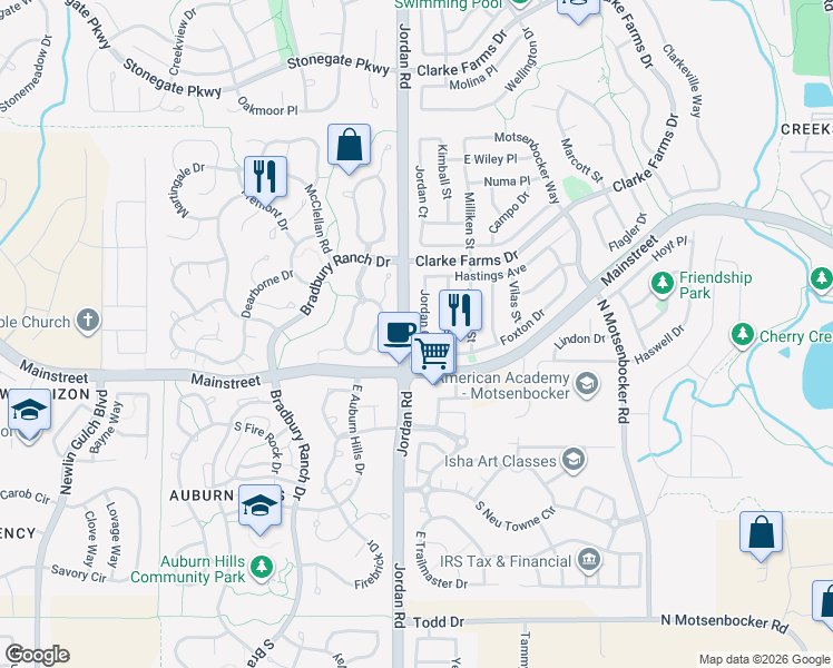 map of restaurants, bars, coffee shops, grocery stores, and more near 11223 Jordan Court in Parker