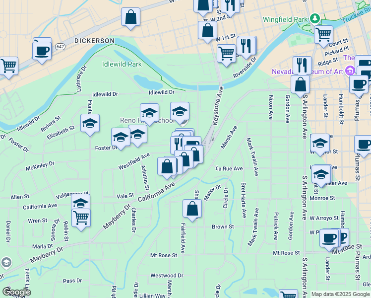 map of restaurants, bars, coffee shops, grocery stores, and more near 1225 Westfield Avenue in Reno