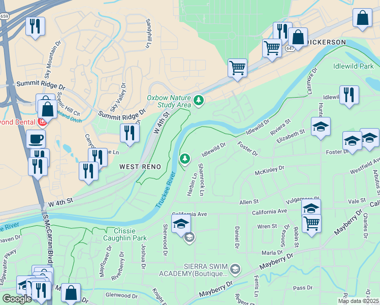 map of restaurants, bars, coffee shops, grocery stores, and more near 2875 Idlewild Drive in Reno
