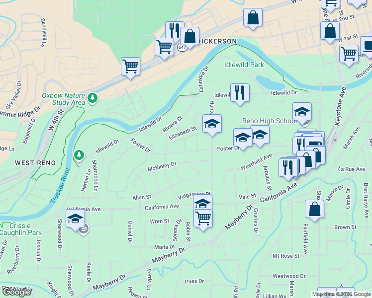 map of restaurants, bars, coffee shops, grocery stores, and more near 1515 Foster Drive in Reno