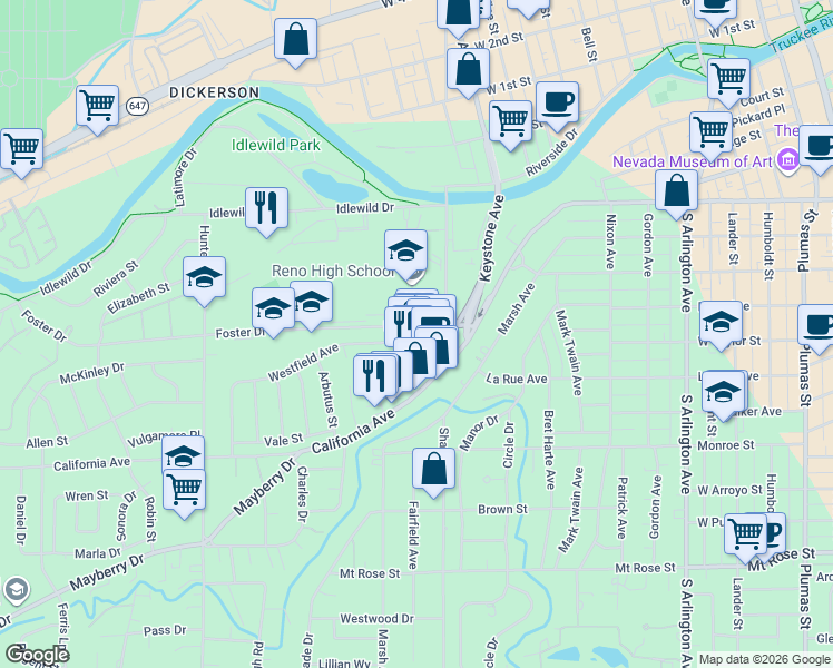 map of restaurants, bars, coffee shops, grocery stores, and more near 1225 Westfield Avenue in Reno