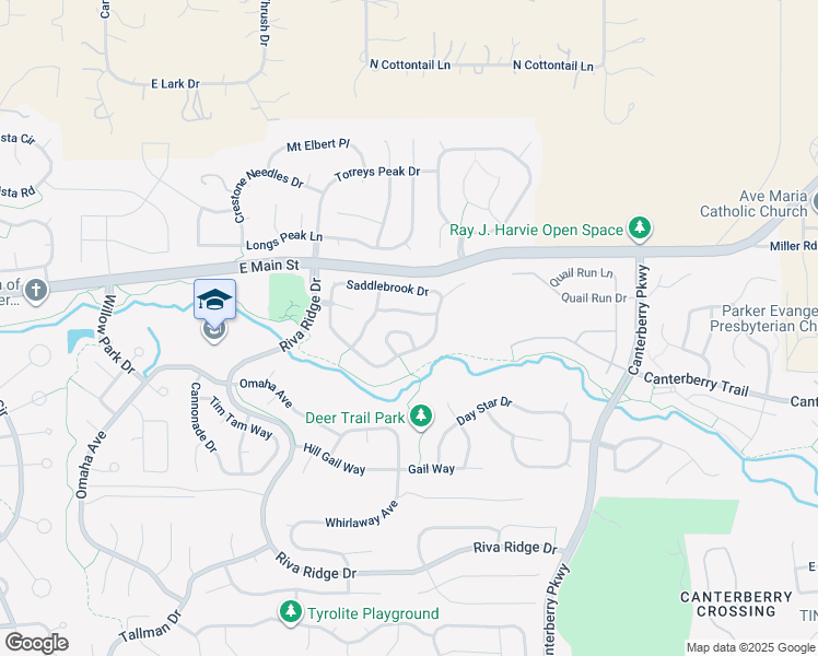 map of restaurants, bars, coffee shops, grocery stores, and more near 21859 Silver Meadow Circle in Parker