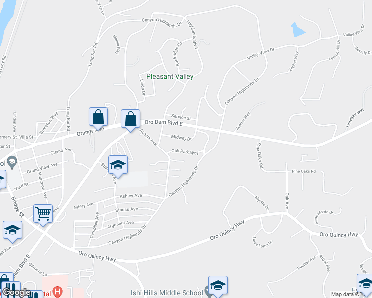 map of restaurants, bars, coffee shops, grocery stores, and more near 19 Oak Park Way in Oroville