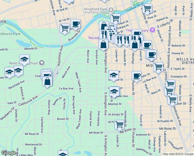 map of restaurants, bars, coffee shops, grocery stores, and more near 836 Gordon Avenue in Reno