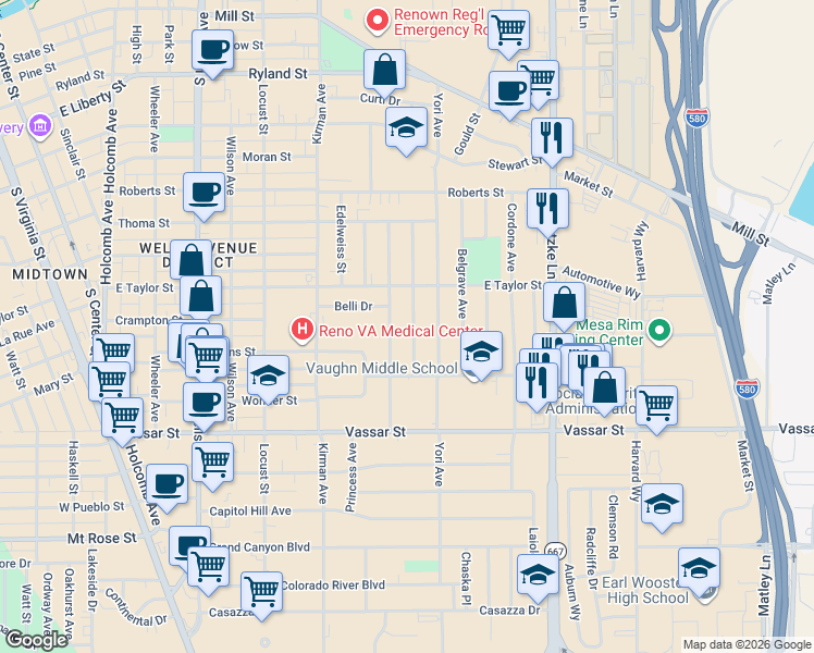 map of restaurants, bars, coffee shops, grocery stores, and more near 946 Bates Avenue in Reno