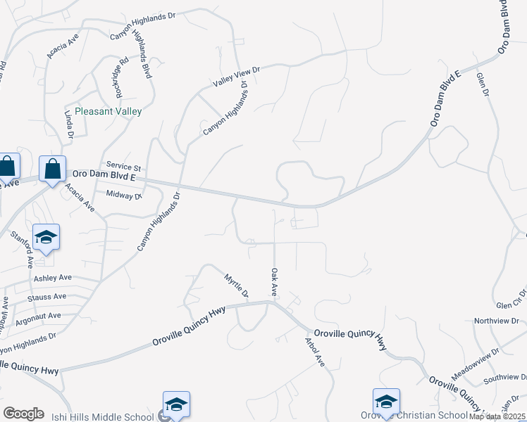 map of restaurants, bars, coffee shops, grocery stores, and more near 1 Oak Avenue in Oroville
